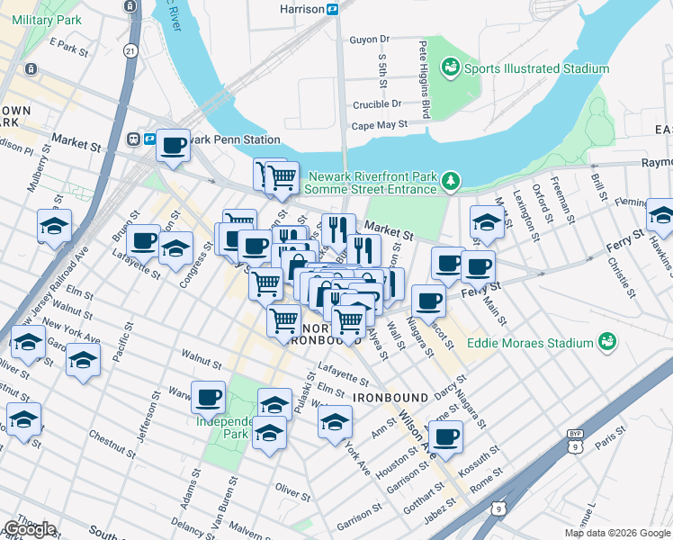 map of restaurants, bars, coffee shops, grocery stores, and more near 99 Polk Street in Newark