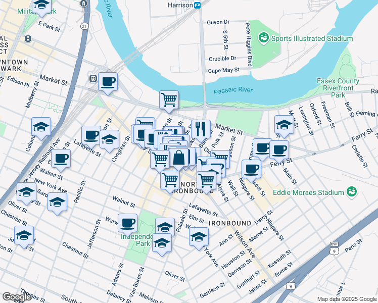 map of restaurants, bars, coffee shops, grocery stores, and more near 94 Jackson Street in Newark