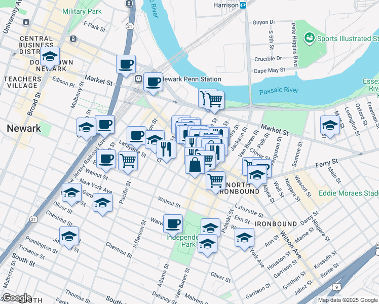 map of restaurants, bars, coffee shops, grocery stores, and more near 86 Monroe Street in Newark