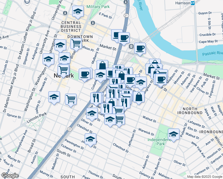map of restaurants, bars, coffee shops, grocery stores, and more near 104 Bruen Street in Newark