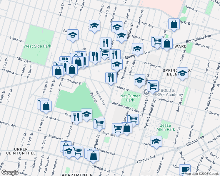 map of restaurants, bars, coffee shops, grocery stores, and more near in Newark