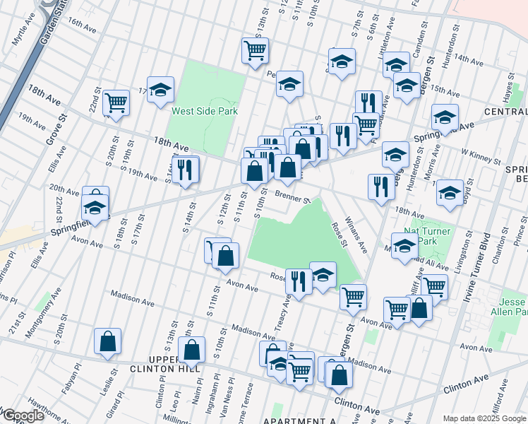 map of restaurants, bars, coffee shops, grocery stores, and more near 60 Kent Street in Newark