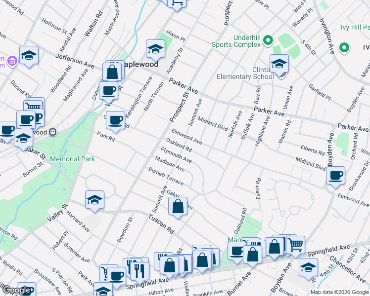 map of restaurants, bars, coffee shops, grocery stores, and more near 29 Plymouth Avenue in Maplewood