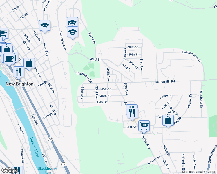 map of restaurants, bars, coffee shops, grocery stores, and more near 3410 45th Street in New Brighton