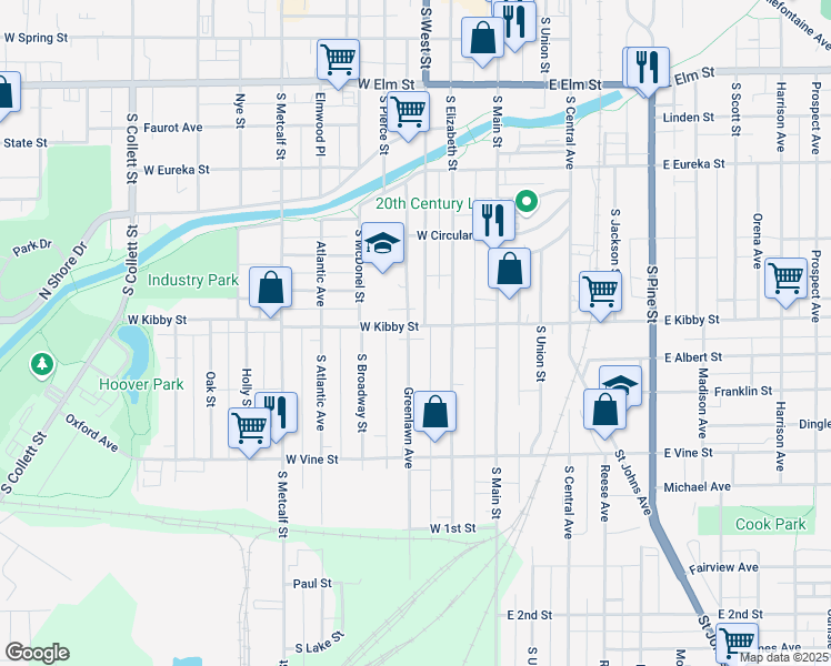 map of restaurants, bars, coffee shops, grocery stores, and more near 723 Greenlawn Avenue in Lima