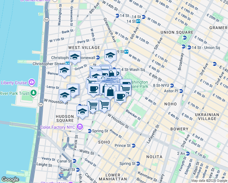 map of restaurants, bars, coffee shops, grocery stores, and more near 2 Minetta Ln in New York