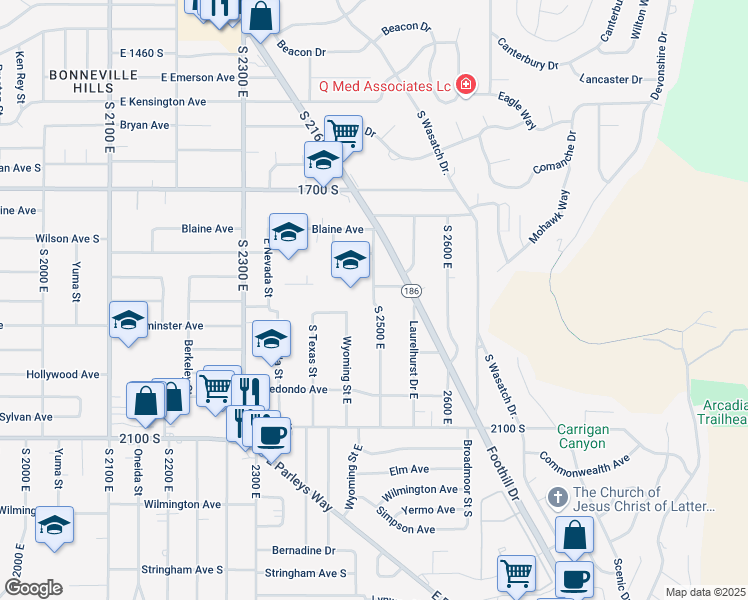 map of restaurants, bars, coffee shops, grocery stores, and more near 1850 South 2500 East in Salt Lake City