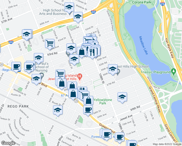 map of restaurants, bars, coffee shops, grocery stores, and more near 105-20 66th Avenue in Queens