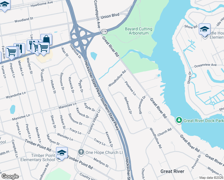 map of restaurants, bars, coffee shops, grocery stores, and more near 31 Woodhollow Road in Great River