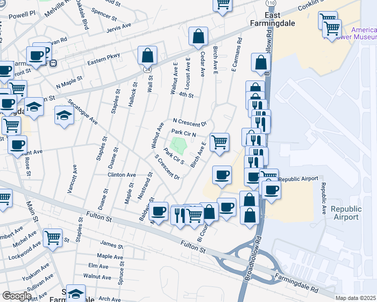 map of restaurants, bars, coffee shops, grocery stores, and more near 6 Birch Court East in Farmingdale