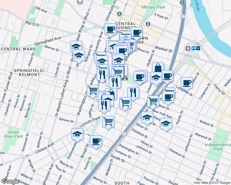 map of restaurants, bars, coffee shops, grocery stores, and more near 986 Broad Street in Newark