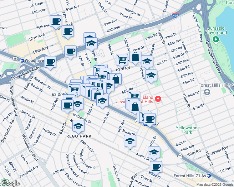 map of restaurants, bars, coffee shops, grocery stores, and more near 98-25 64th Road in Queens
