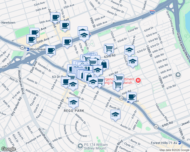 map of restaurants, bars, coffee shops, grocery stores, and more near 97-30 64th Road in Queens