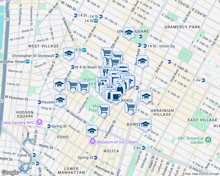 map of restaurants, bars, coffee shops, grocery stores, and more near 244 Greene Street in New York