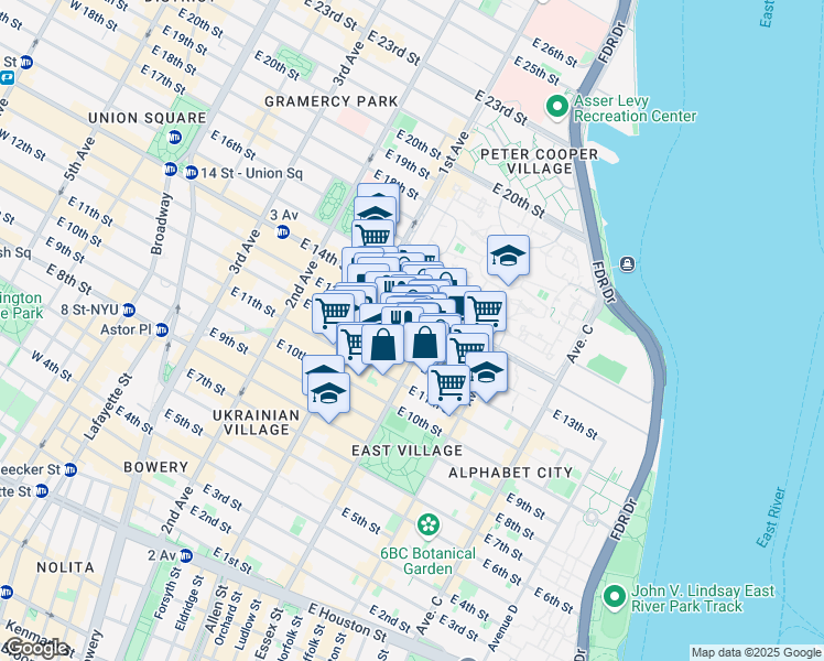 map of restaurants, bars, coffee shops, grocery stores, and more near 433 East 13th Street in New York