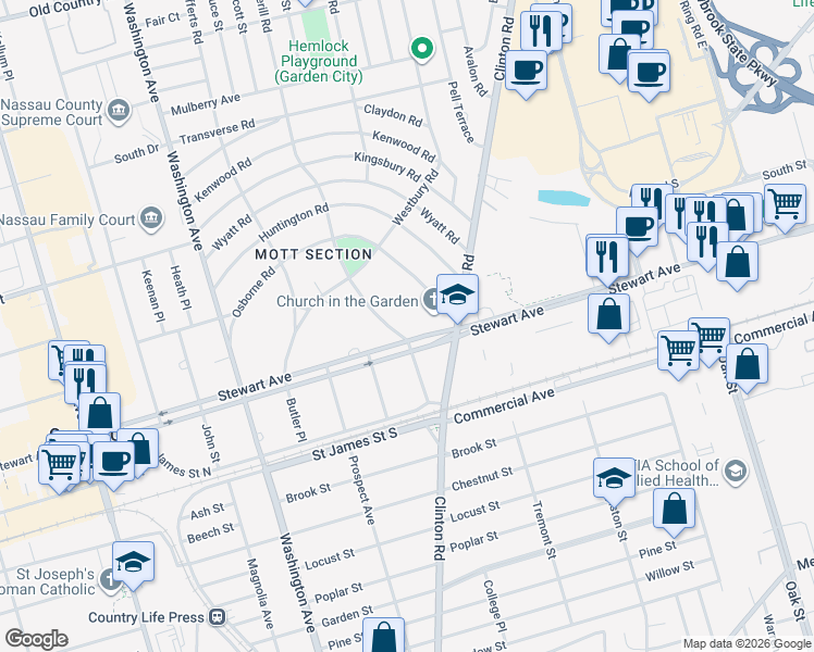 map of restaurants, bars, coffee shops, grocery stores, and more near 101 Wetherill Road in Garden City
