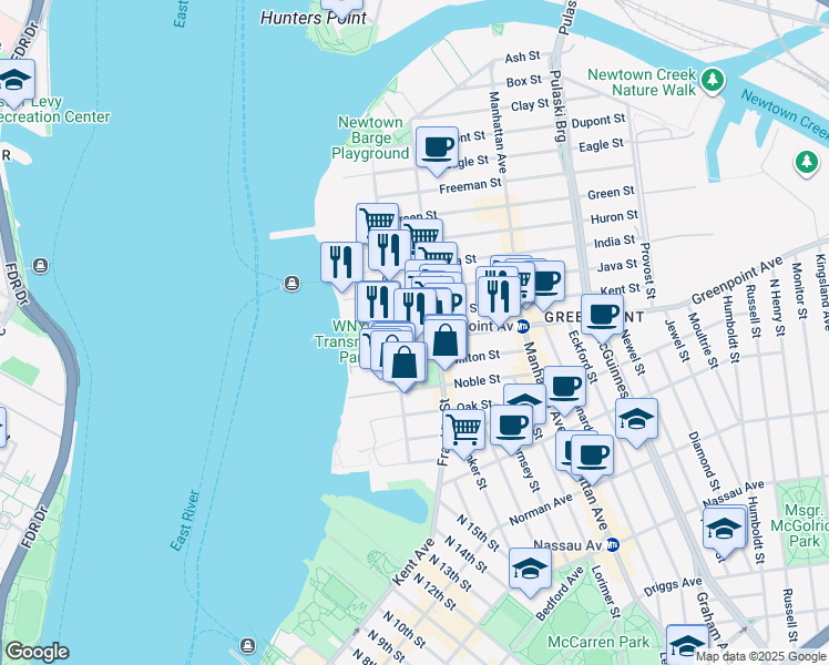 map of restaurants, bars, coffee shops, grocery stores, and more near 61 Greenpoint Avenue in Brooklyn