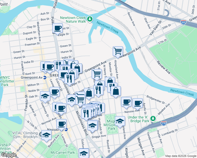 map of restaurants, bars, coffee shops, grocery stores, and more near 810 Humboldt Street in Brooklyn