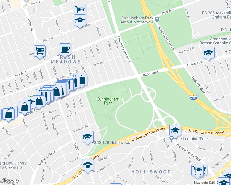 map of restaurants, bars, coffee shops, grocery stores, and more near 196th Place in Queens