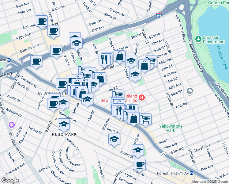 map of restaurants, bars, coffee shops, grocery stores, and more near 6509 99th Street in Queens