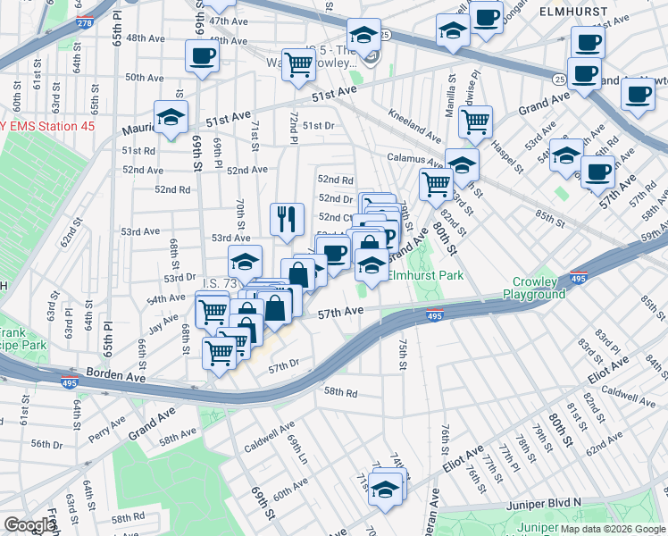 map of restaurants, bars, coffee shops, grocery stores, and more near 73-17 Grand Avenue in Queens