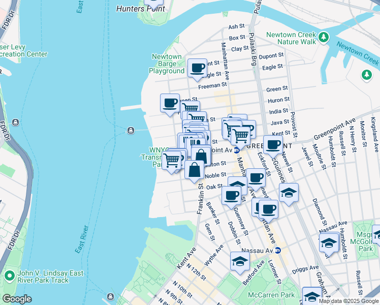 map of restaurants, bars, coffee shops, grocery stores, and more near 61 Greenpoint Avenue in Brooklyn