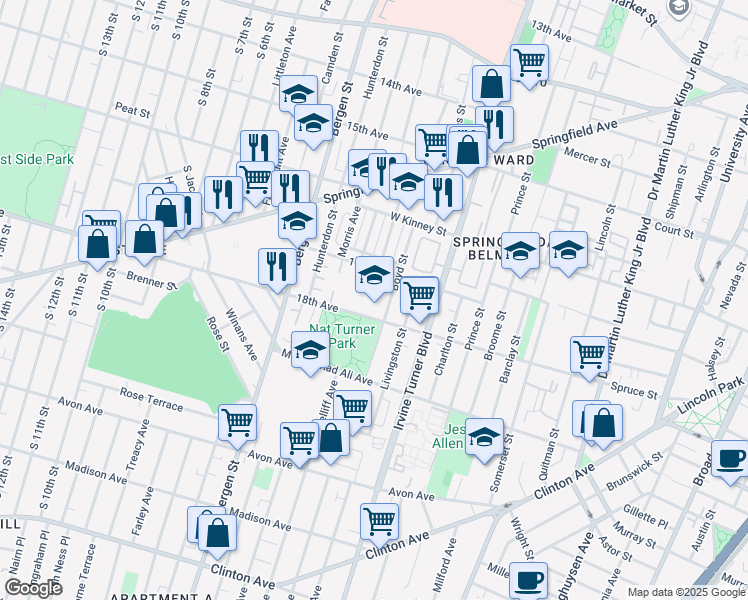 map of restaurants, bars, coffee shops, grocery stores, and more near 246 18th Avenue in Newark