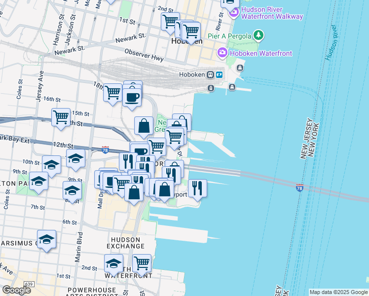 map of restaurants, bars, coffee shops, grocery stores, and more near 86 River Drive South in Jersey City