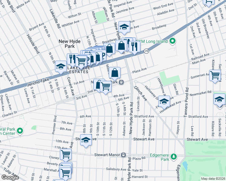 map of restaurants, bars, coffee shops, grocery stores, and more near 1301 4th Avenue in New Hyde Park