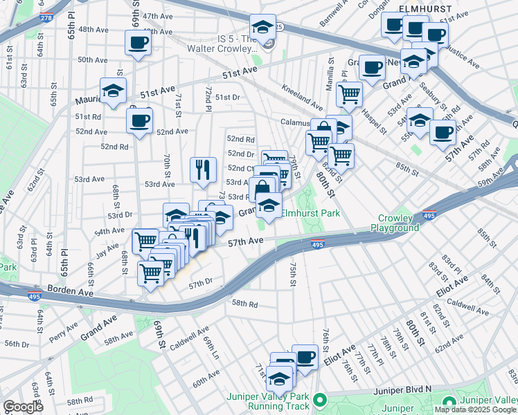 map of restaurants, bars, coffee shops, grocery stores, and more near 73-55 Grand Avenue in Queens