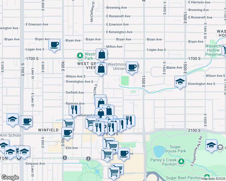 map of restaurants, bars, coffee shops, grocery stores, and more near 1151 Westminster Avenue in Salt Lake City
