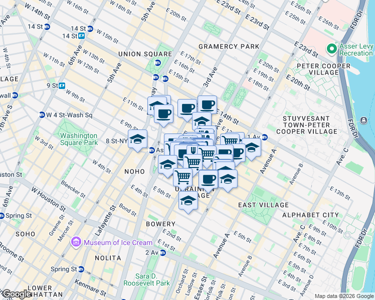 map of restaurants, bars, coffee shops, grocery stores, and more near 35 Stuyvesant Street in New York