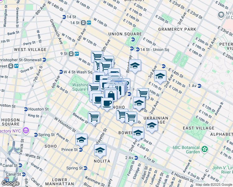 map of restaurants, bars, coffee shops, grocery stores, and more near 744 Broadway in New York