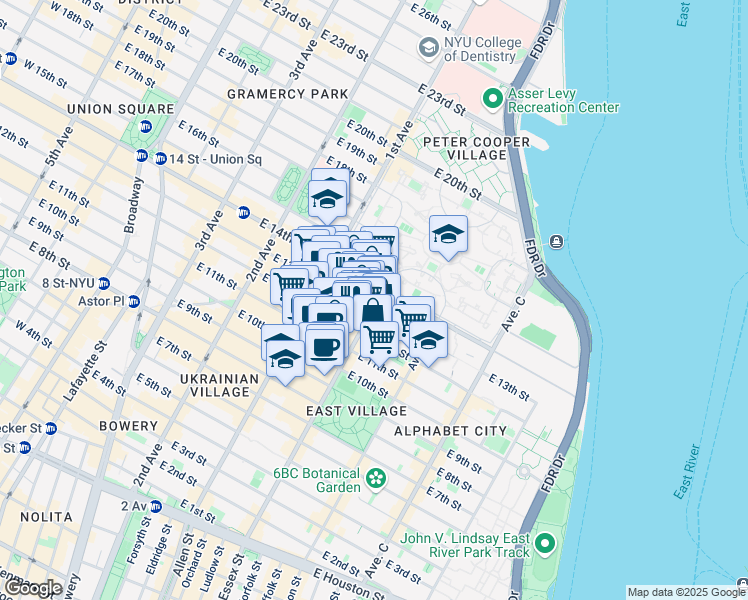 map of restaurants, bars, coffee shops, grocery stores, and more near 201 Avenue A in New York