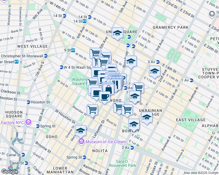 map of restaurants, bars, coffee shops, grocery stores, and more near 725 Broadway in New York