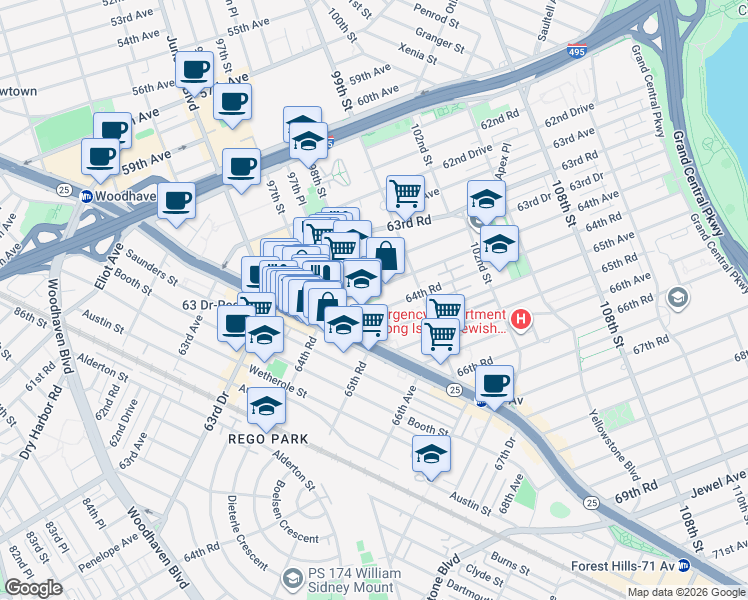 map of restaurants, bars, coffee shops, grocery stores, and more near 97-30 64th Road in Queens