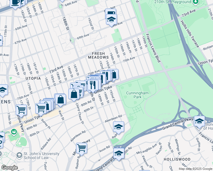 map of restaurants, bars, coffee shops, grocery stores, and more near 8007 190th Street in Queens