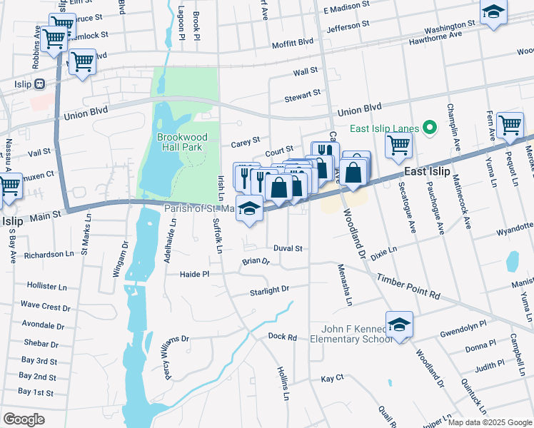 map of restaurants, bars, coffee shops, grocery stores, and more near 16 Harrison Ave in East Islip