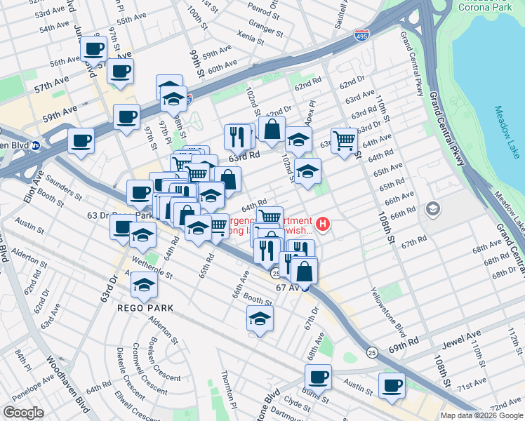 map of restaurants, bars, coffee shops, grocery stores, and more near 6509 99th Street in Queens