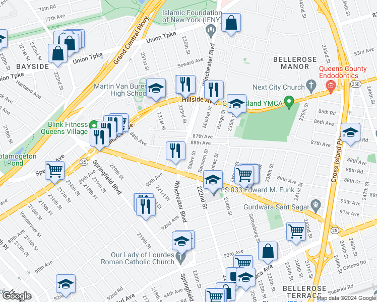 map of restaurants, bars, coffee shops, grocery stores, and more near 88-15 Winchester Boulevard in Queens