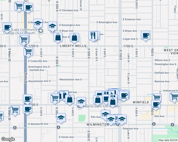 map of restaurants, bars, coffee shops, grocery stores, and more near 1848 South 500 East in Salt Lake City