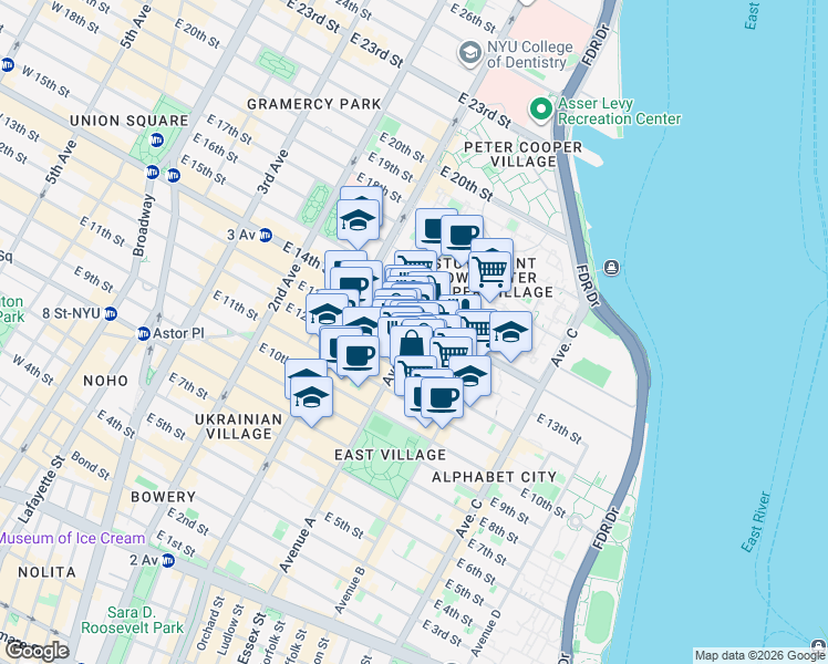 map of restaurants, bars, coffee shops, grocery stores, and more near 206 Avenue A in New York