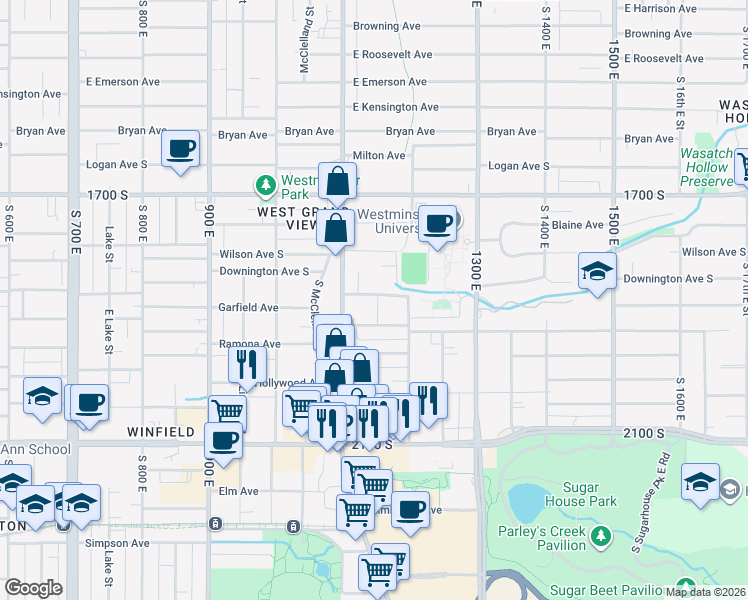 map of restaurants, bars, coffee shops, grocery stores, and more near 1151 Westminster Avenue in Salt Lake City