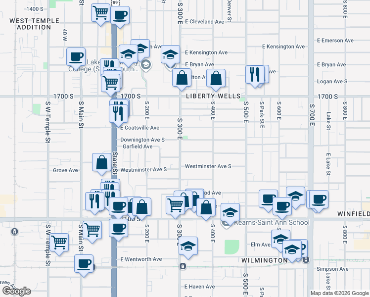 map of restaurants, bars, coffee shops, grocery stores, and more near 1875 South 300 East in Salt Lake City