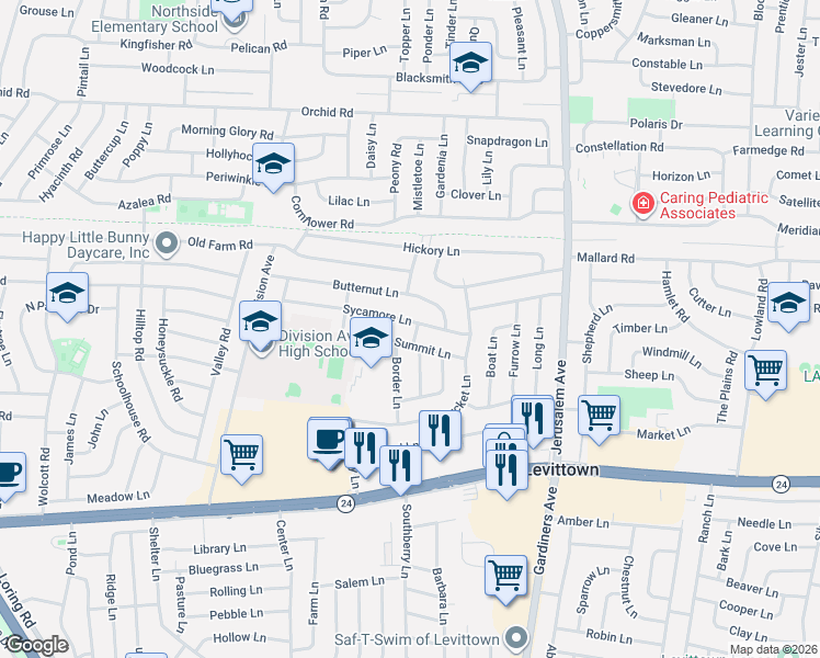 map of restaurants, bars, coffee shops, grocery stores, and more near 23 Summit Lane in Levittown