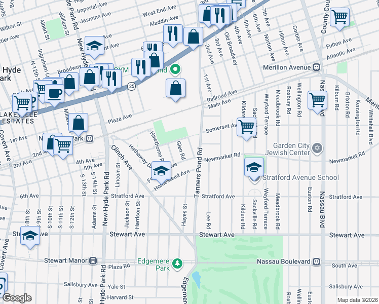 map of restaurants, bars, coffee shops, grocery stores, and more near 48 Fenimore Avenue in Garden City