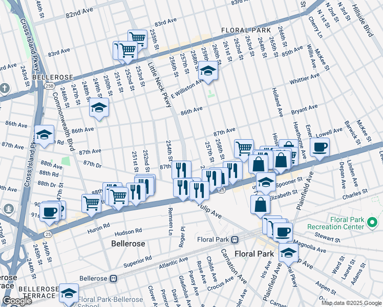 map of restaurants, bars, coffee shops, grocery stores, and more near 255-14 87th Terrace in Queens