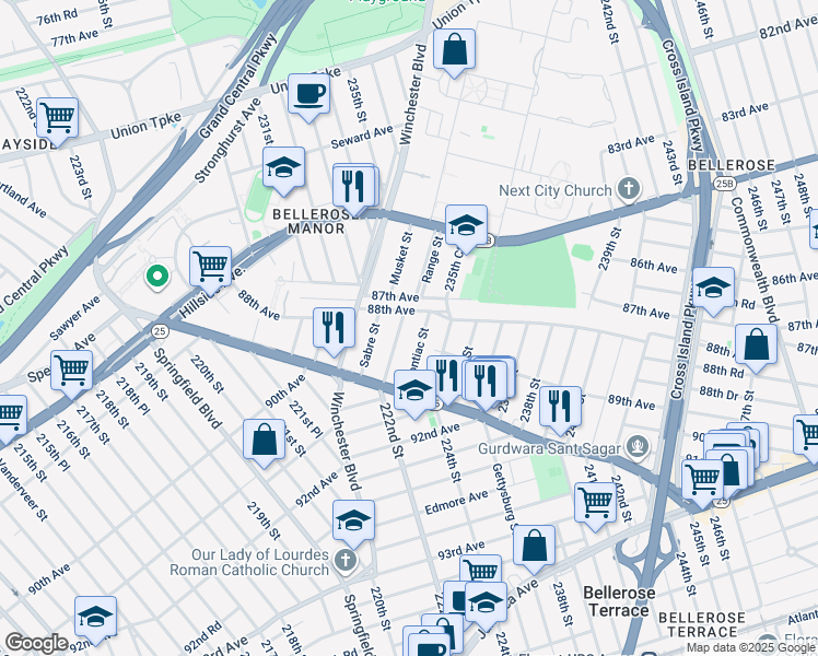 map of restaurants, bars, coffee shops, grocery stores, and more near 89-7 Pontiac Street in Queens