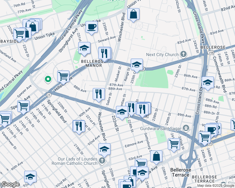 map of restaurants, bars, coffee shops, grocery stores, and more near 88-37 Sabre Street in Queens