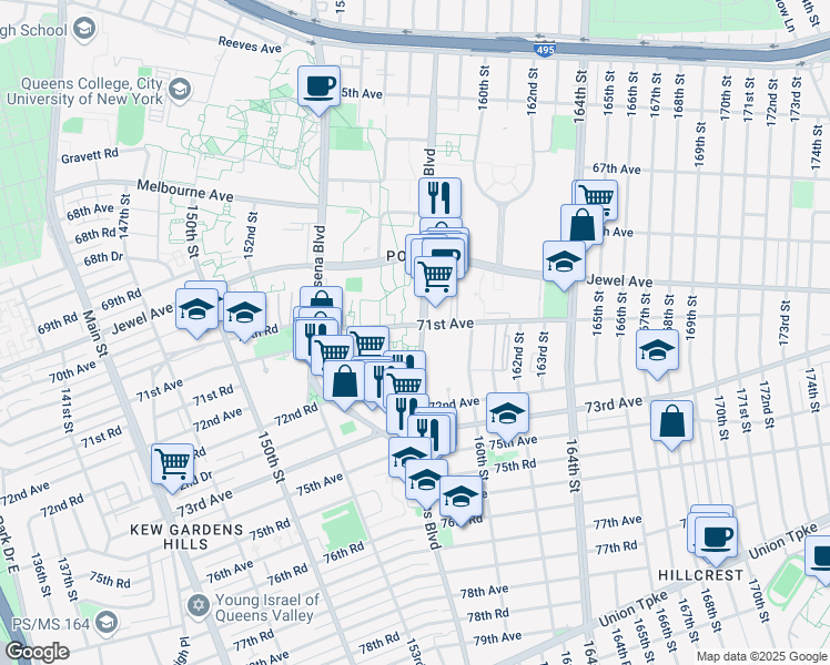 map of restaurants, bars, coffee shops, grocery stores, and more near 7143 159th Street in Queens
